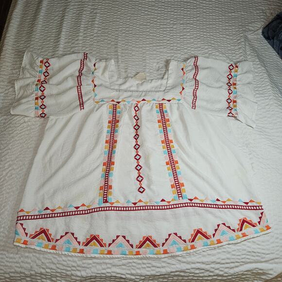 Savanna Jane Embroidered Blouse Women 1X White Multicolor Geometric Boho Western - Picture 2 of 10